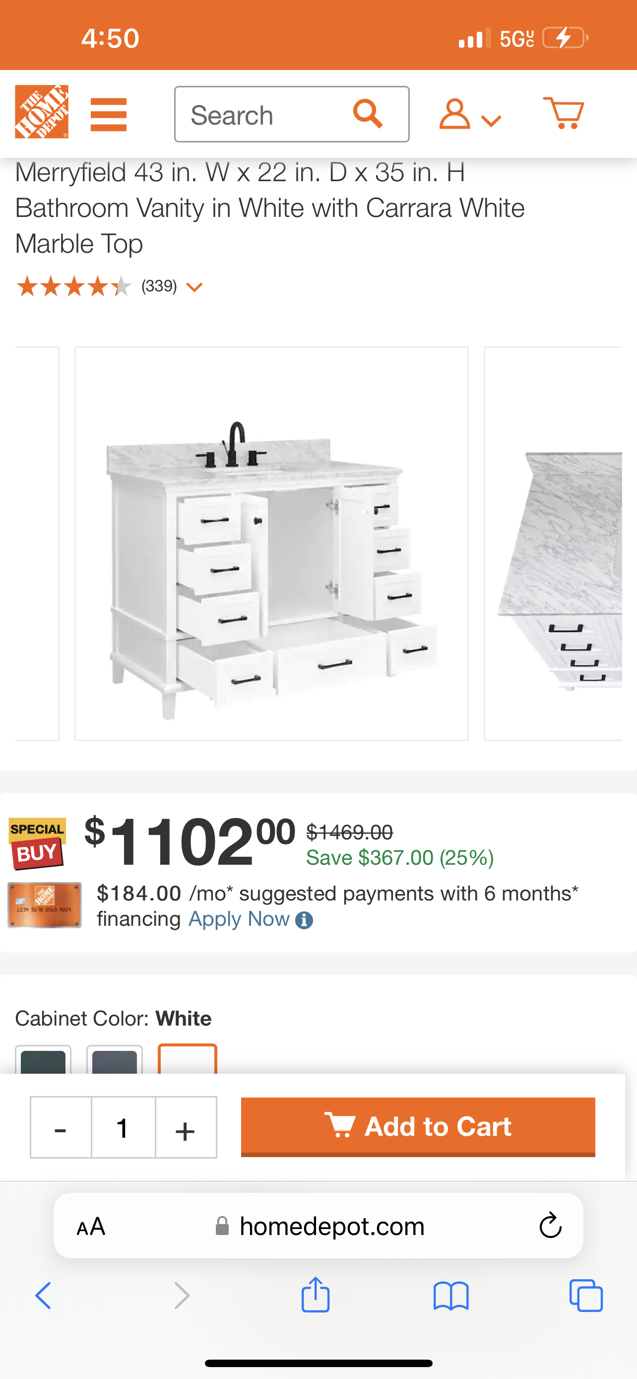 merryfield 43' W x  22 in. D x 35 in. H Bathroom Vanity in white with Carrara white marble top